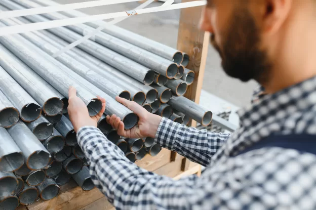 Homem organizando tubos de aço galvanizado