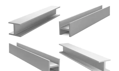 Vigas de aço I, W e H em perspectiva, mostrando os diferentes formatos e dimensões usadas em estruturas metálicas.