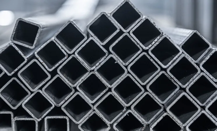 Tubos de aço quadrado empilhados utilizados em estruturas metálicas e aplicações industriais