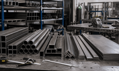 Aço para serralheria organizado sobre bancada, com tubos redondos, tubos retangulares, cantoneiras, barras chatas e chapas de aço em oficina industrial.