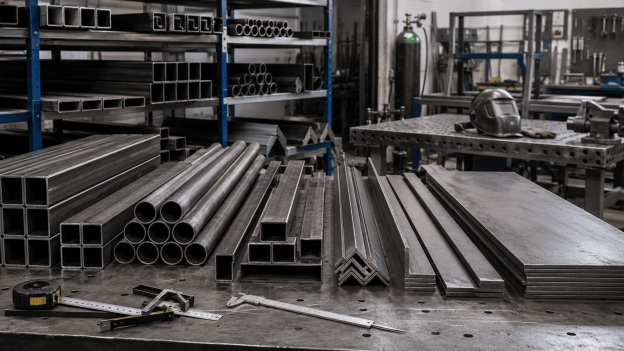 Aço para serralheria organizado sobre bancada, com tubos redondos, tubos retangulares, cantoneiras, barras chatas e chapas de aço em oficina industrial.
