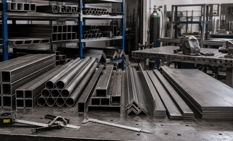 Aço para serralheria organizado sobre bancada, com tubos redondos, tubos retangulares, cantoneiras, barras chatas e chapas de aço em oficina industrial.