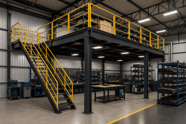 Mezanino estrutura metálica em ambiente industrial, com escada, guarda-corpo amarelo, vigas de aço e área de armazenamento otimizada.