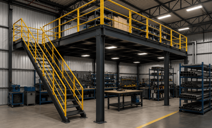 Mezanino estrutura metálica em ambiente industrial, com escada, guarda-corpo amarelo, vigas de aço e área de armazenamento otimizada.