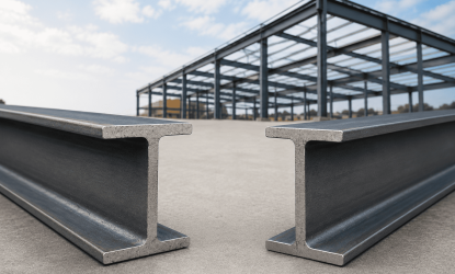 Comparação entre viga H e viga I em estrutura metálica industrial, destacando os perfis utilizados na construção civil e em projetos estruturais.