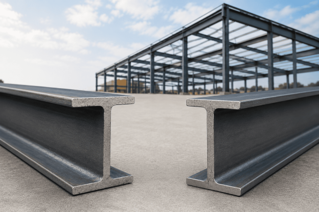 Comparação entre viga H e viga I em estrutura metálica industrial, destacando os perfis utilizados na construção civil e em projetos estruturais.