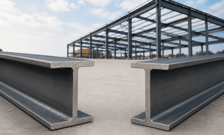 Comparação entre viga H e viga I em estrutura metálica industrial, destacando os perfis utilizados na construção civil e em projetos estruturais.