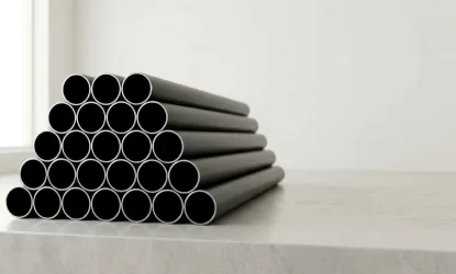 Pilha de tubo schedule sem costura de aço carbono preto para condução de fluidos sob alta pressão em pátio industrial da New Aço.