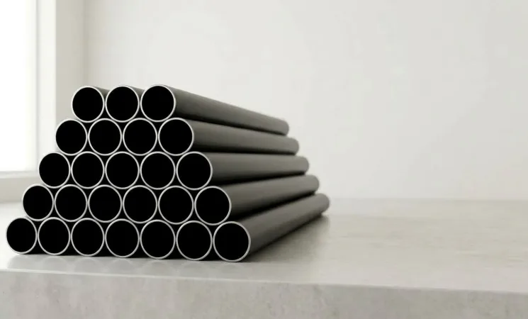 Pilha de tubo schedule sem costura de aço carbono preto para condução de fluidos sob alta pressão em pátio industrial da New Aço.